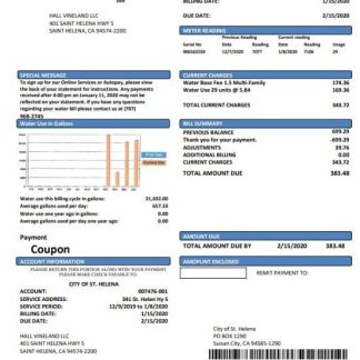 USA California City of St Helena utility bill template in Word and PDF format download template file
