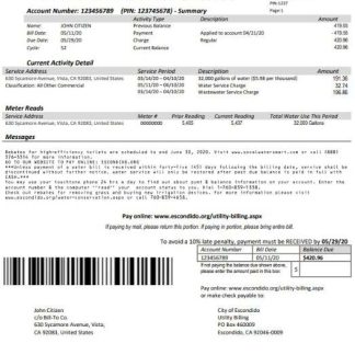 USA California Escondido City of Choice utility bill template in Word and PDF format download template file