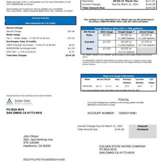 USA California Golden State Water Company utility bill template in .doc and .pdf format download template file