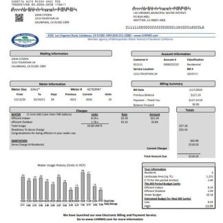 USA California Las Virgenes Municipal Water District utility bill template in Word and PDF format download template file