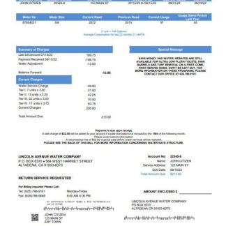 USA California Lincoln Avenue Water Company utility bill template in Word and PDF format download template file
