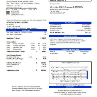 USA California Monte Vista Water District utility bill template in Word and PDF format download template file