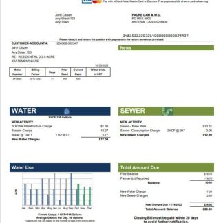 USA California Padredam utility bill template in Word and PDF format download template file