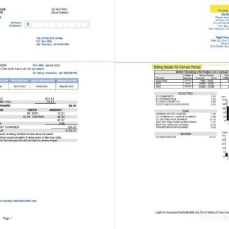 USA California Palo Alto utility bill, Word and PDF template, 2 pages download template file