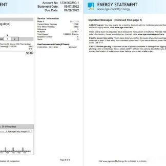 USA California PG&E (Pacific Gas and Electric Company) utility bill, Word and PDF template, 6 pages 5 6 download template file