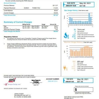 USA California San Diego Gas & Electric (SDG&E) utility bill template in Word and PDF format download template file