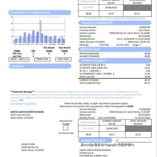 USA California Santa Clarita Water Division (SCWD) utility bill template in Word and PDF format download template file