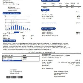 USA California Santa Ynez water utility bill template in Word and PDF format download template file