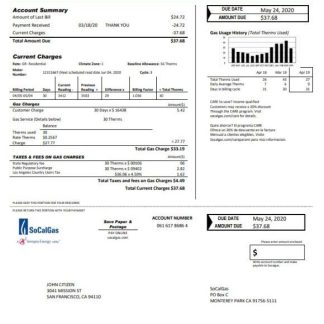 USA California SoCal Gas utility bill template in Word and PDF format download template file
