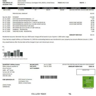 USA Canada City of Vernon water utility bill template in Word and PDF format download template file
