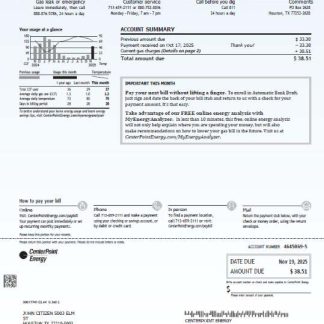 USA Center Point Energy utility bill template in Word and PDF formats download template file