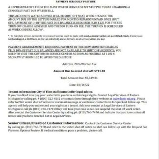 USA City of Flint Michigan Notice to occupant water utility bill shutoff notice, Word and PDF template download template file