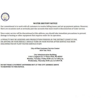 USA City of Flint Michigan water utility bill shutoff notice, Word and PDF template, version 3 download template file
