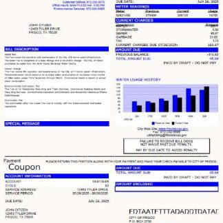 USA City of Frisco utility bill template in Word and PDF formats download template file