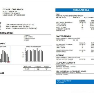 USA City of Long Beach utility bill template in Word and PDF format download template file