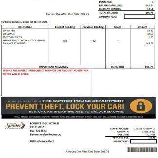 USA City of Sumter South Carolina water utility bill template in Word and PDF format download template file