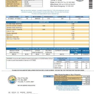 USA City of Titusville Florida utility bill template in Word and PDF format (.doc and .pdf) download template file