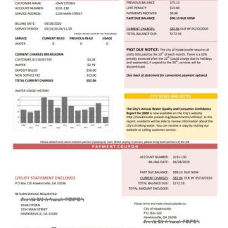 USA City of Utility Statement water utility bill template in Word and PDF format download template file