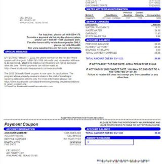 USA CITY OF WAXAHACHIE utility bill Word and PDF template download template file