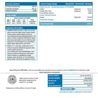 USA Cobb County Water System utility bill template in Word and PDF formats, version 2 download template file