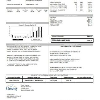 USA Colorado City of Greeley water utility bill template in Word and PDF format download template file