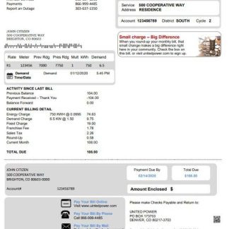 USA Colorado United Power utility bill template in Word and PDF format download template file