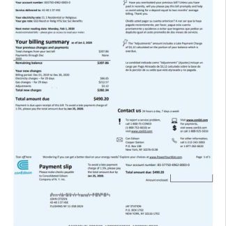 USA Con Edison electricity utility bill template in Word and PDF format download template file
