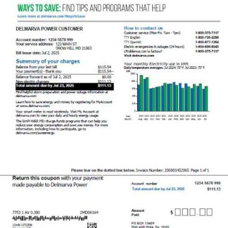 USA Delmarva Power utility bill template in Word and PDF formats, version 3 download template file
