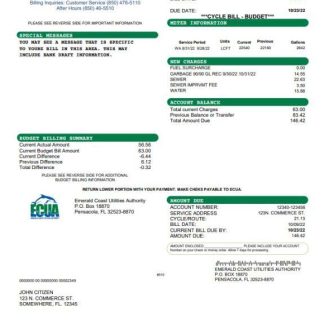 USA ECUA utility bill template in Word and PDF format download template file