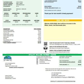 USA Florida City of Edgewater utility bill template in Word and PDF format download template file
