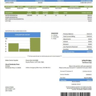 USA Florida City of Pembroke Pines Utilities Department utility bill template in Word and PDF format download template file