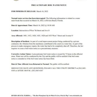USA Florida City of Riviera Beach utility district water utility shut off notice, Word and PDF template download template file
