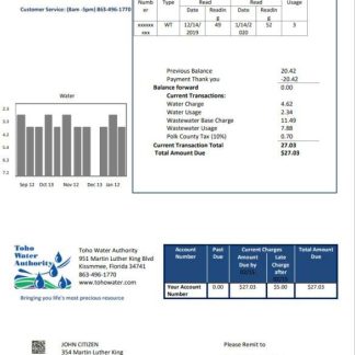 USA Florida Toho Water Authority utility bill template in Word and PDF format download template file
