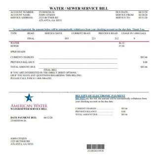 USA Georgia American Water utility bill template in Word and PDF format download template file