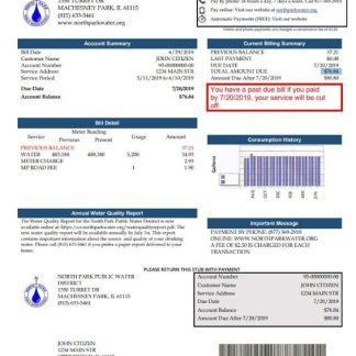 USA Illinois North Park Public Water District IL utility bill template in Word and PDF format download template file