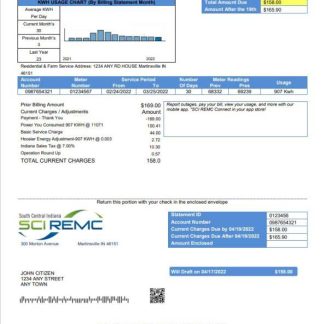 USA Indiana SCI REMC utility bill template in Word and PDF format download template file