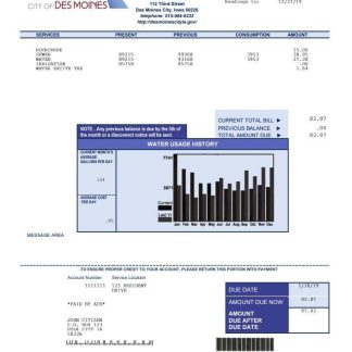 USA Iowa City of Des Moines water utility bill template in Word and PDF format download template file