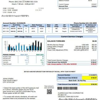 USA Iowa Clarke Electric Cooperative, Inc utility bill template in Word and PDF format download template file