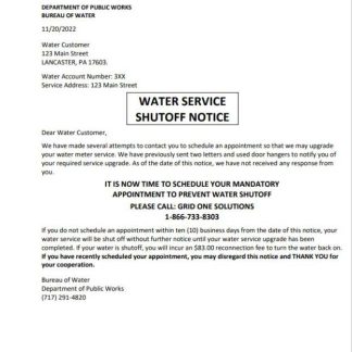 USA Lancaster Water service utility bill shutoff notice, Word and PDF template download template file