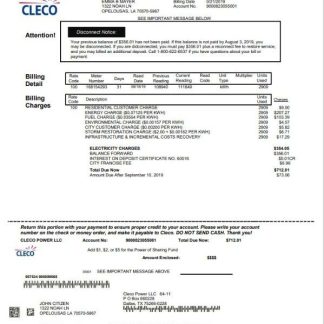 USA Louisiana Cleco Power electricity utility bill template in Word and PDF format download template file