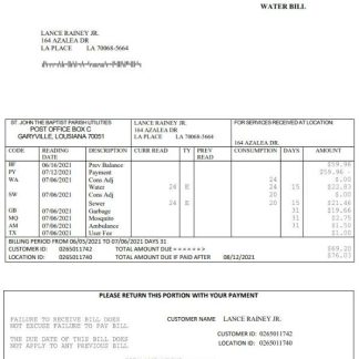 USA Louisiana St. John the Baptist Parish water bill in Word and PDF format download template file