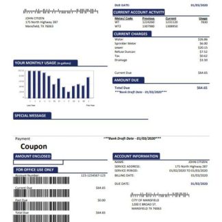 USA Mansfield Texas utility bill template in Word and PDF format (.doc and .pdf) download template file