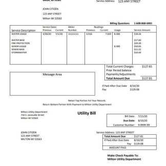 USA Massachusetts Milton Utility Dept water utility bill template in Word and PDF format download template file