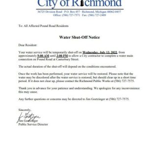 USA Michigan City of Richmond water utility bill shutoff notice, Word and PDF template download template file