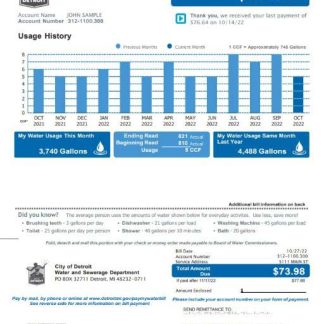 USA Michigan Water and Sewerage Department utility bill, Word and PDF template, 2 pages 1 download template file