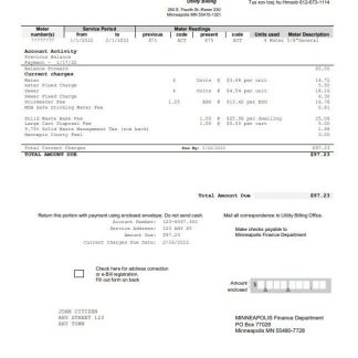 USA Minnesota Minneapolis City of Lakes utility bill template in Word and PDF format download template file
