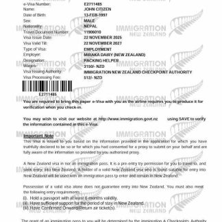 New Zealand e visa template in Word and PDF formats, version 2 download template file